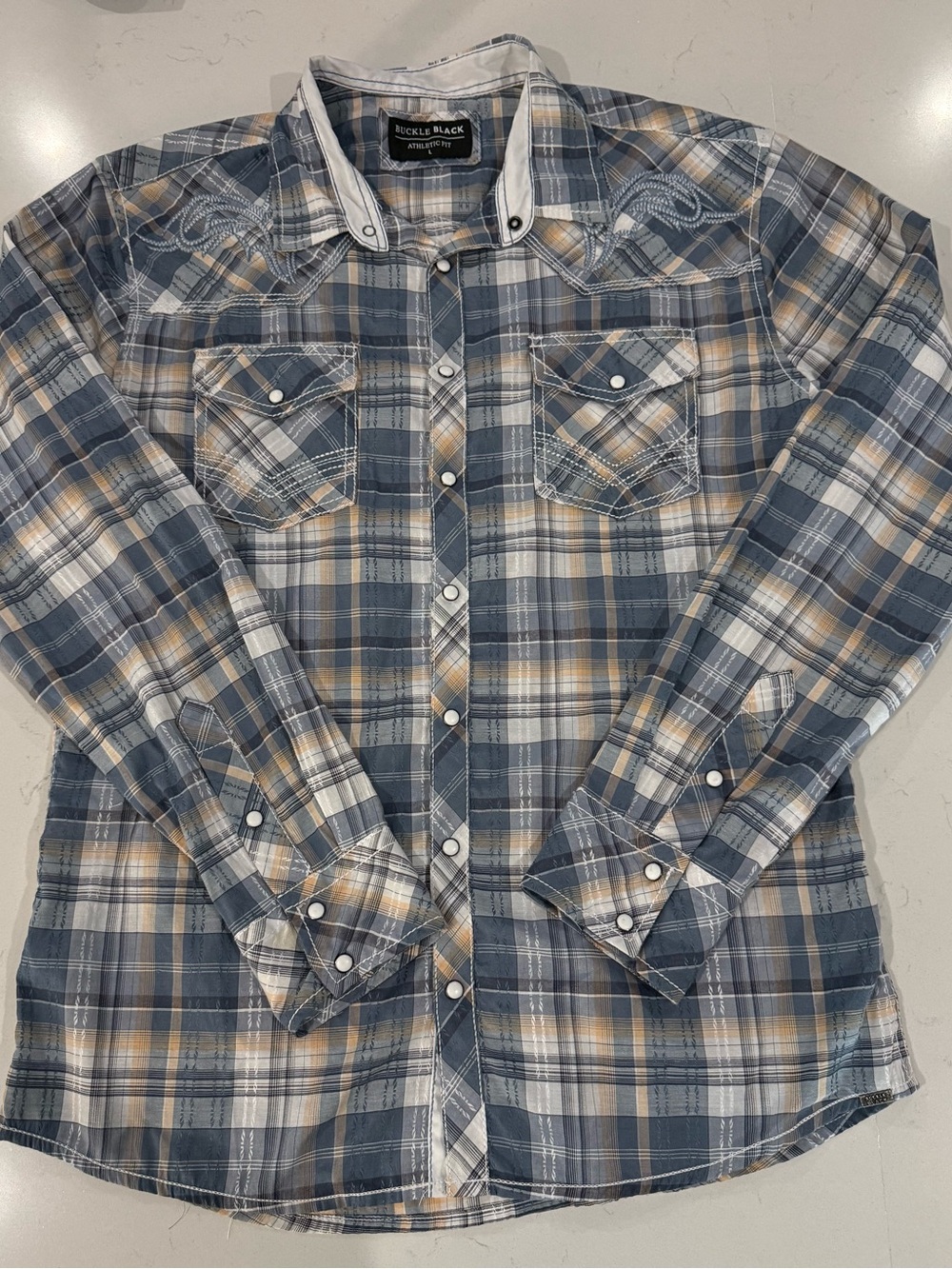 L Buckle Black Label Embroidered Plaid Long Sleeve Athletic Fit Button-Up Shirt